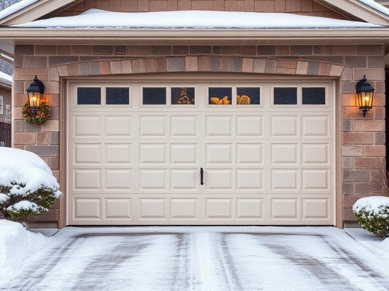 Residential garage door in cold winter weather with frost and snow on driveway