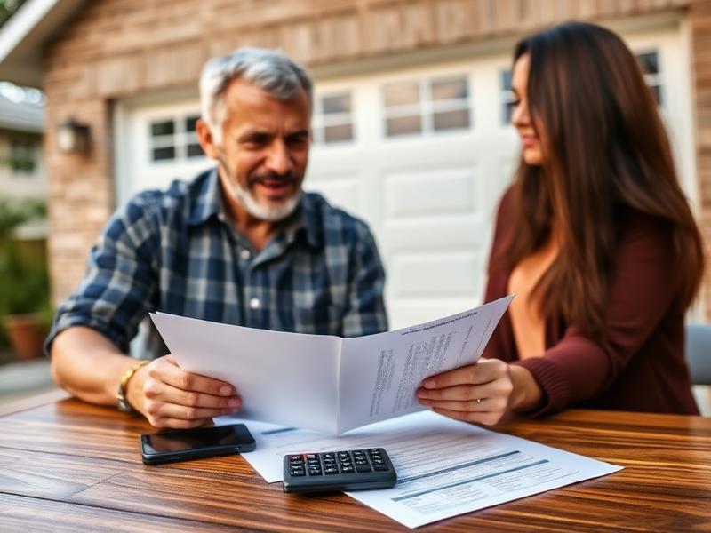 Homeowner reviewing financing documents with calculator and garage door in background