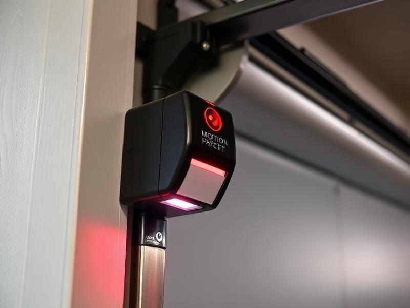 Modern garage door motion sensor safety device mounted on frame with active red LED light
