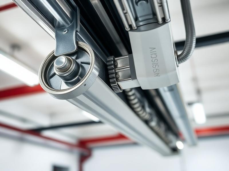 Garage door roller and track system close-up showing chrome metal rollers on track for maintenance inspection