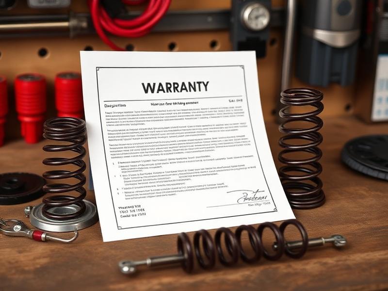 Warranty document next to garage door hardware and springs on workbench