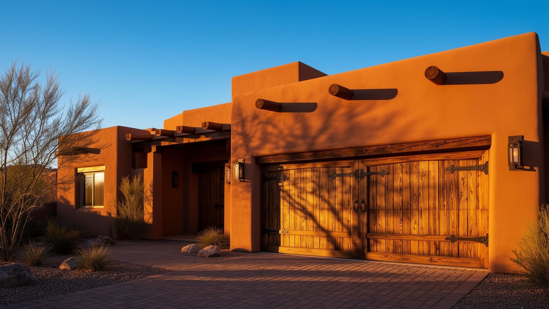 Beautiful desert Southwest adobe home with rustic wood grain garage doors featuring decorative iron strap hinges